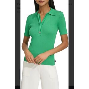 Karl Lagerfeld Paris Ribbed Knit Polo Top Short Sleeve Metallic‎ Green L